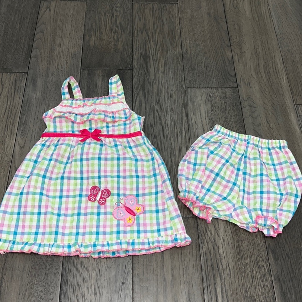 Checkered ruffle/butterfly spaghetti strap dress with matching diaper Bloomer